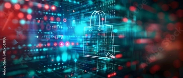 Obraz Digital illustration of cyber security and shopping bag icon hologram on digital background, data technology concept ,3d rendering, banner design with copy space area for web graphics. 