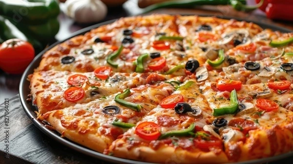 Fototapeta Pizza cooked on a baking sheet