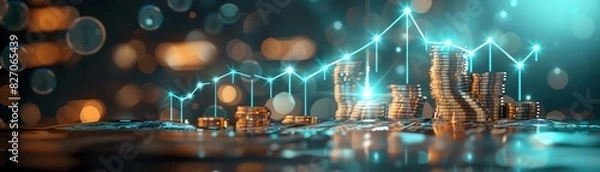 Obraz Abstract image of financial growth, depicting futuristic graph and stack of gold coins, representing investment and market trends.