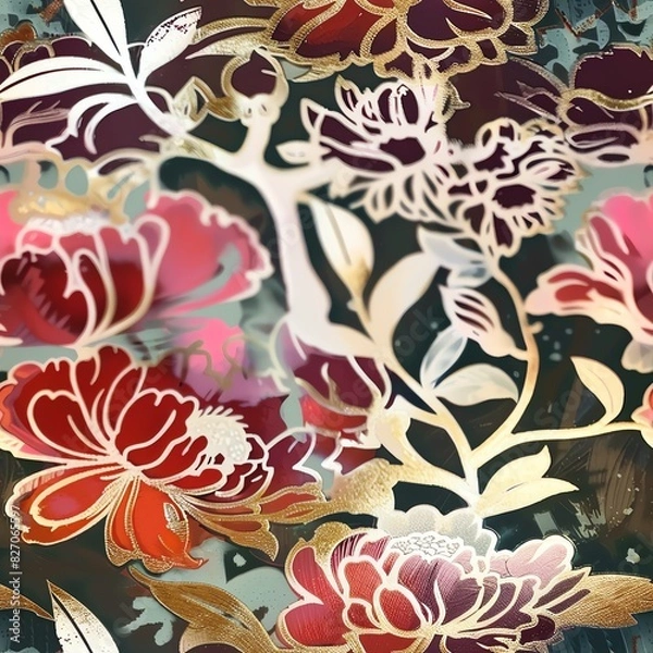 Fototapeta Close-up of a multi-layered stencil art on canvas, displaying complex floral designs and fine detailing in a studio setting