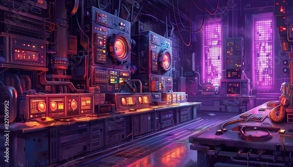 Obraz Futuristic cyberpunk laboratory with glowing neon signs and intricate machinery.