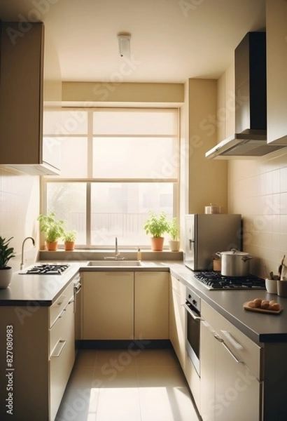 Obraz A kitchen with a window that has the blinds open