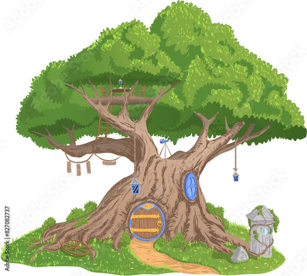 Fototapeta The house is a fabulous tree enchanted in the hollow of which someone lives. Vector illustration the tree has a door and a window. And also on one of the upper tiers there is a balcony for tea