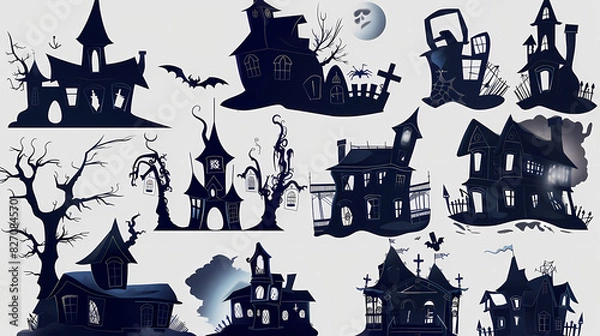 Fototapeta Collection of haunted house shadows, scary halloween house set
