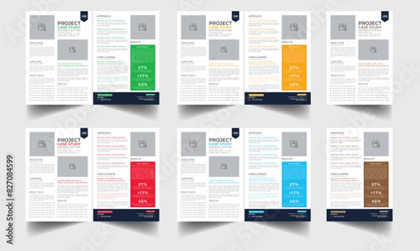 Obraz Case study template |  Data Sheet layiut template | Business case study layout with yellow elements | Double side flyer template