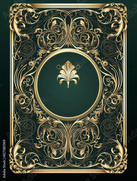 Obraz Ornate golden book cover with a green background, a simple symmetrical design
