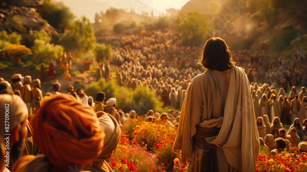 Obraz Jesus performing the miracle of feeding the 5000, with loaves and fish multiplying in his hands. He stands on a hillside surrounded by a large, amazed crowd and his disciples. 
