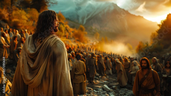 Obraz Jesus performing the miracle of feeding the 5000, with loaves and fish multiplying in his hands. He stands on a hillside surrounded by a large, amazed crowd and his disciples. 