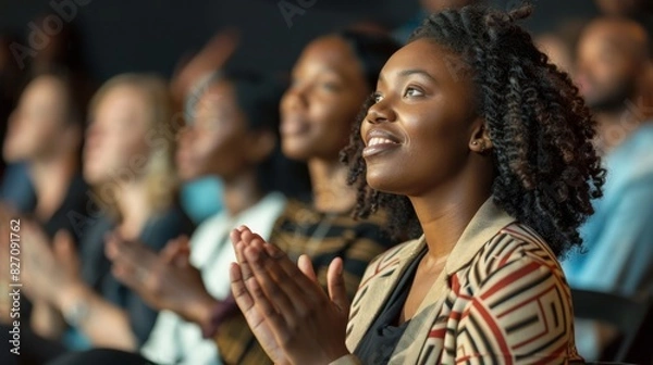 Fototapeta An engaged black woman is clapping with a crowd in a seminar or conference hall