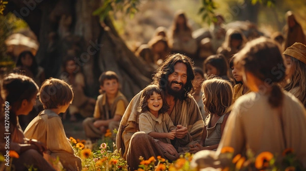 Obraz Jesus surrounded by children, sitting under a large tree in a serene garden. He gently holds a child on his lap and smiles warmly as other children gather around him. The scene captures the kindness 