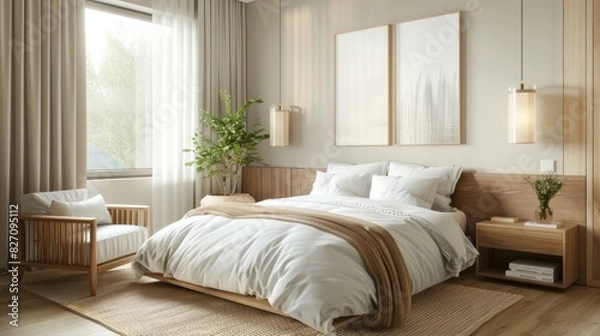Fototapeta A minimal bedroom with a clean design,  neutral tones,  and modern decor