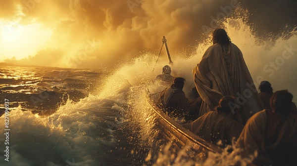 Fototapeta Jesus calming the storm on the Sea of Galilee, standing at the bow of a small boat with his disciples looking on in awe. The scene captures the dramatic moment as the raging waters and dark skies 