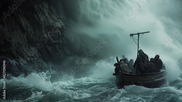 Obraz Jesus calming the storm on the Sea of Galilee, standing at the bow of a small boat with his disciples looking on in awe. The scene captures the dramatic moment as the raging waters and dark skies 
