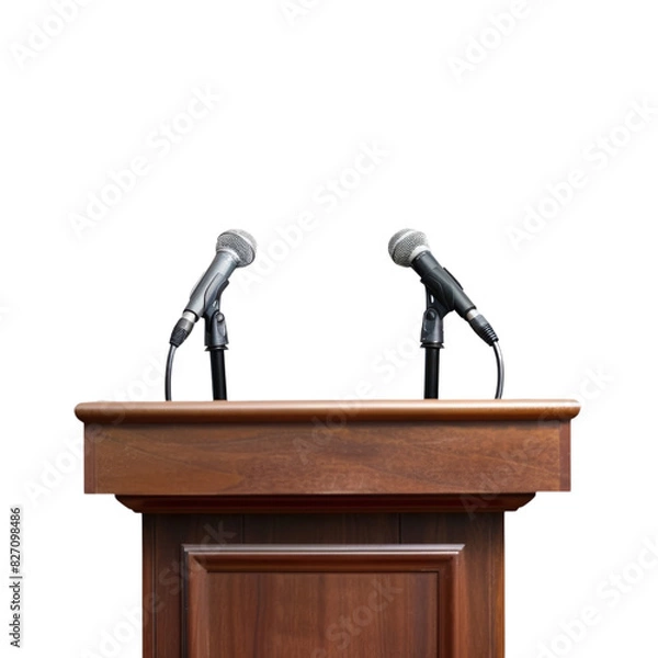 Obraz A podium with microphones set up for a presidential debate between candidates, isolated on transparent background