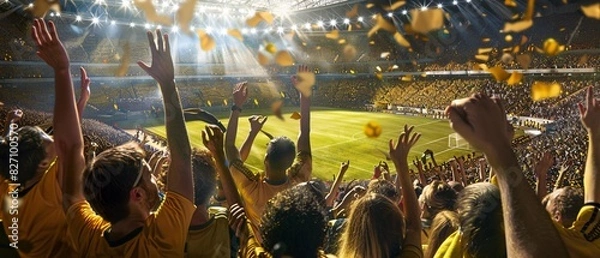 Fototapeta group of fans dressed in yellow color watching a sports event in the stands of a stadium. people cheering and celebrating together in the stadium .