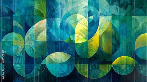 Fototapeta Geometric artwork with blue and green abstract patterns