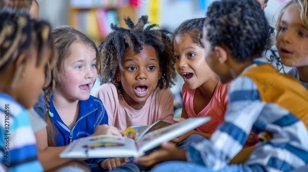 Fototapeta Diverse group of children reading a book together and looking surprised.