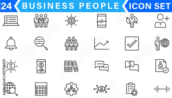 Fototapeta Business people, human resources, office management - thin line web icon set. Outline icons collection. Simple vector illustration