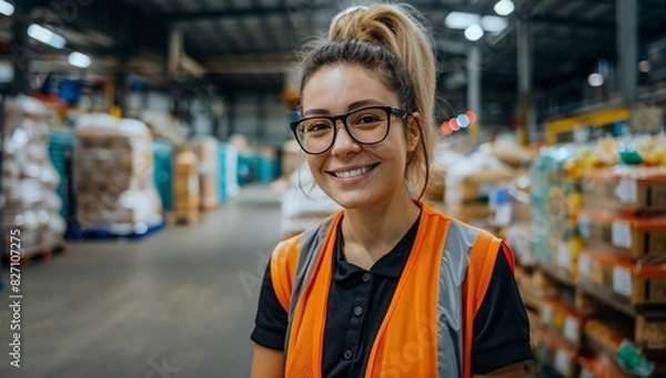 Obraz Smiling warehouse worker in orange vest in busy factory. Cinematic lighting
