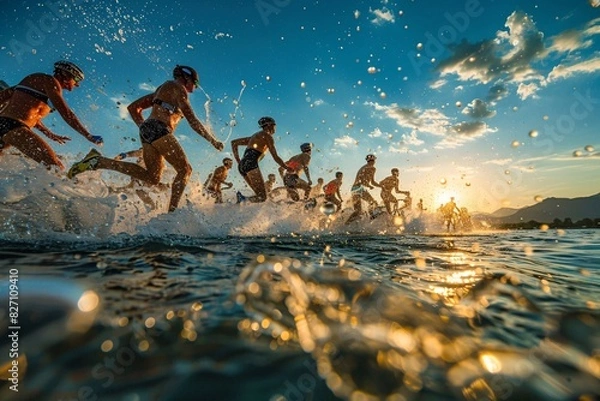 Fototapeta A demanding and exhilarating moment in a triathlon, capturing the endurance, versatility, and determination of the athletes as they swim, bike, and run, with a supportive crowd and scenic backdrop.