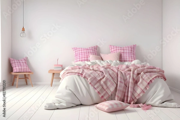 Fototapeta Light, cute and cozy home bedroom interior with unmade bed, pink plaid and cushions on empty white wall background. 3D rendering.
