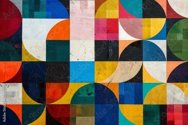 Fototapeta Geometric patterns with contrasting shades on colorful square background