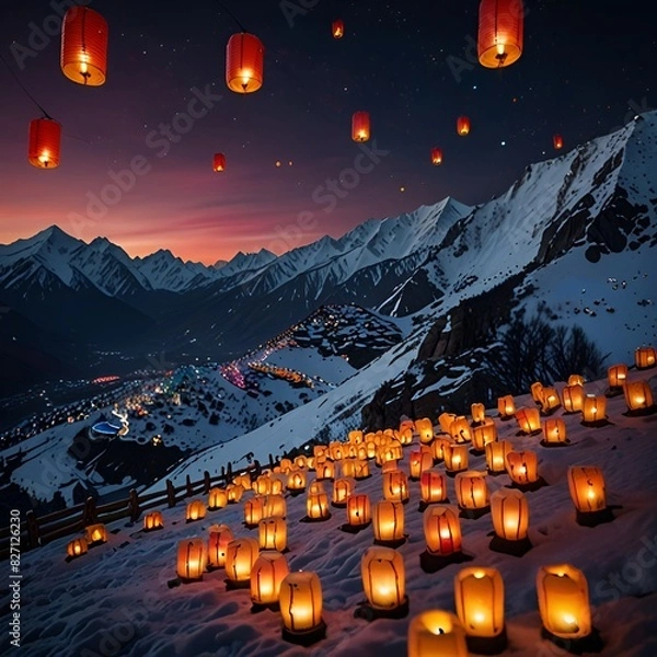 Obraz Lantern festival decorations on a snowy mountain
