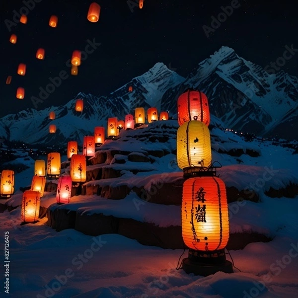 Obraz Lantern festival decorations on a trail over a mountain


