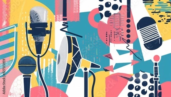 Fototapeta Fantasy Apartment Studio: A Vibrant Collage of Creative Artwork for Podcast Recording and Interviews