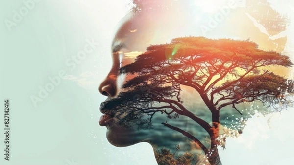 Fototapeta Double exposure portrait of beautiful woman and lush nature with trees.
