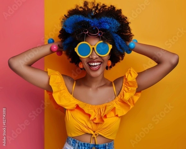 Fototapeta Capture a striking frontal view image in bold, vibrant colors, highlighting joyful, confident styling! Let the clothing and accessories radiate happiness