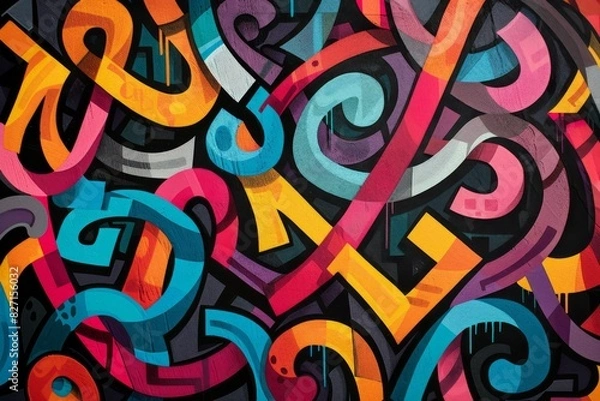 Fototapeta Craft a dynamic typographic composition of swirling letters resembling a labyrinth, using vibrant hues and bold, sans-serif fonts for a modern, edgy feel