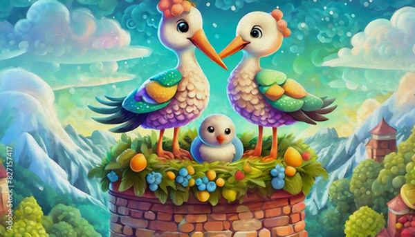 Fototapeta oil painting style CARTOON CHARACTER storks sit on a nest atop an old brick chimney,