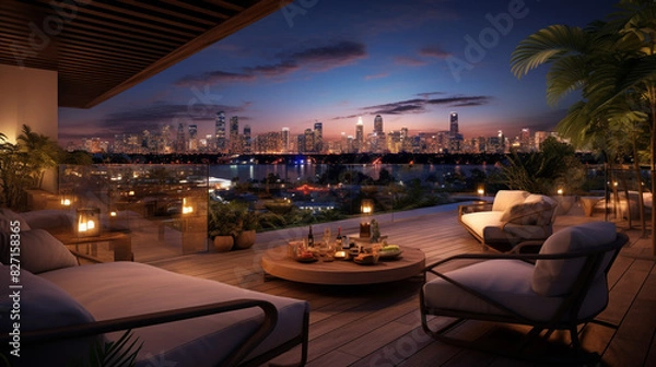 Fototapeta An HDR photograph capturing the elegance of a rooftop lounge set amongst lush palm trees, with panoramic views of a bustling cityscape at twilight.