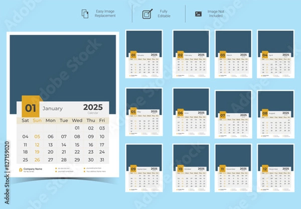 Obraz 2025 Corporate Wall Calendar Template Design.Set of 12 pages calendar vector design with  print template