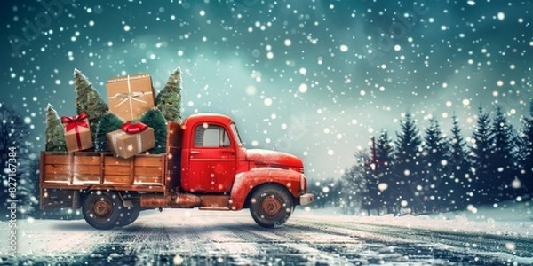 Fototapeta Red truck in the snow.