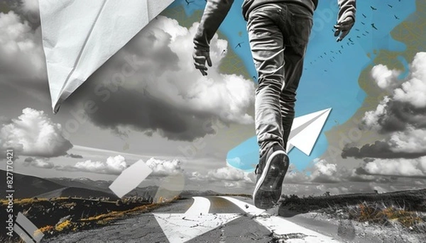 Fototapeta Walking Through a Creative Collage of Black and White: Navigating the Path with Paper Planes and Roa