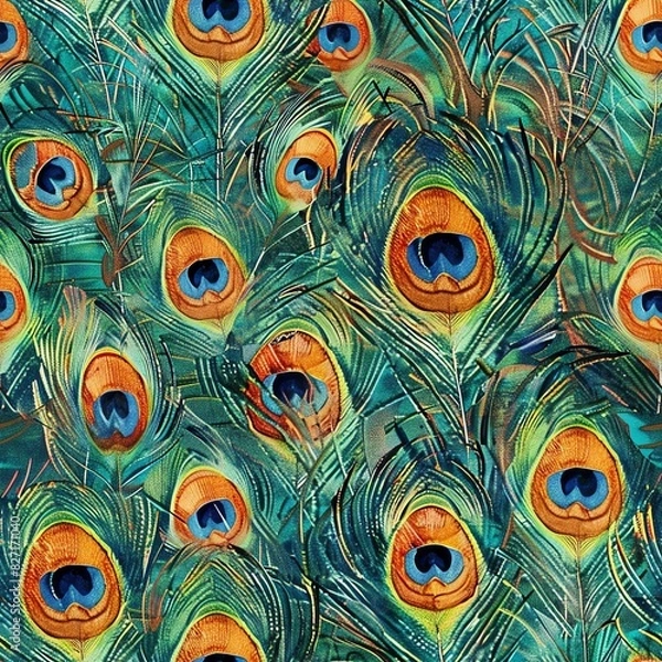 Fototapeta Artistic arrangement of multiple peacock feathers, creating a colorful and textured backdrop, suitable for creative projects and displays