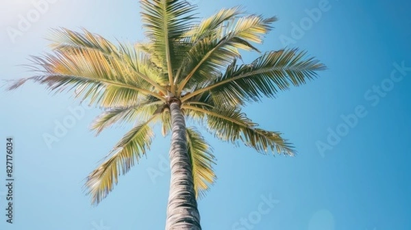 Fototapeta The palm tree elegantly sways in the gentle breeze under the clear blue sky its slim trunk decorated with detailed patterns