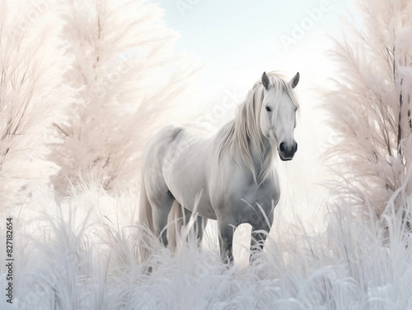 Fototapeta A Majestic Unicorn With A Visible Skeletal Structure, Standing In An Enchanted Meadow With A Shimmering Horn On A Clean Pastel Light And White Isolated Background