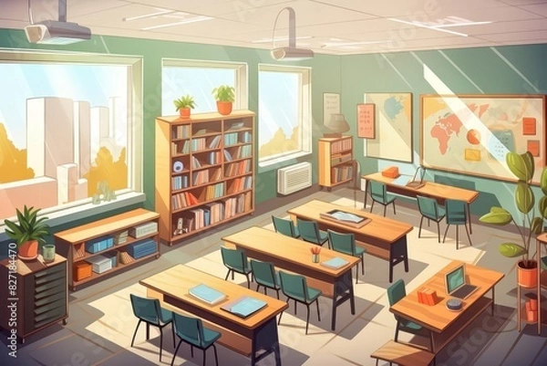 Fototapeta Sunny classroom with wooden desks, chairs, bookshelves, and world maps. Bright natural light and vibrant educational atmosphere.