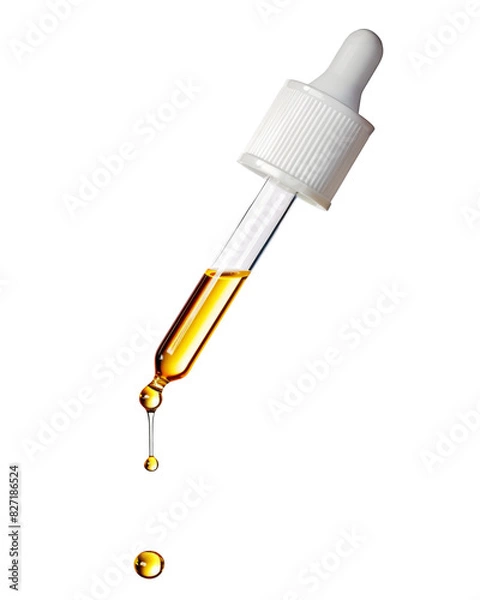 Obraz Yellow essential serum oil dripping from gold dropper isolated on white background. Clipping path.