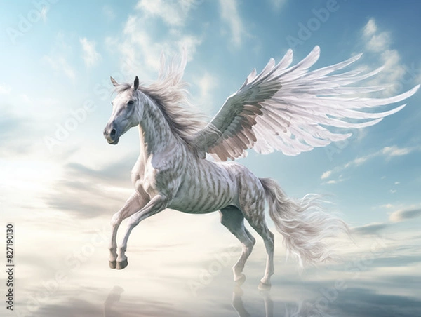 Fototapeta A Skeletal Pegasus With Translucent Wings, Soaring In A Cloudy Sky With Rays Of Light Piercing Through On A Clean Pastel Light