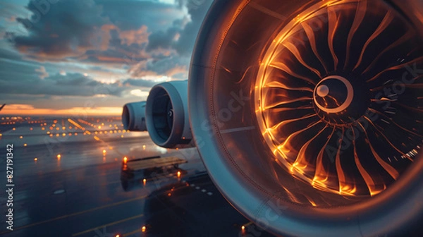 Fototapeta Aircraft engine turbine close-up against a twilight background