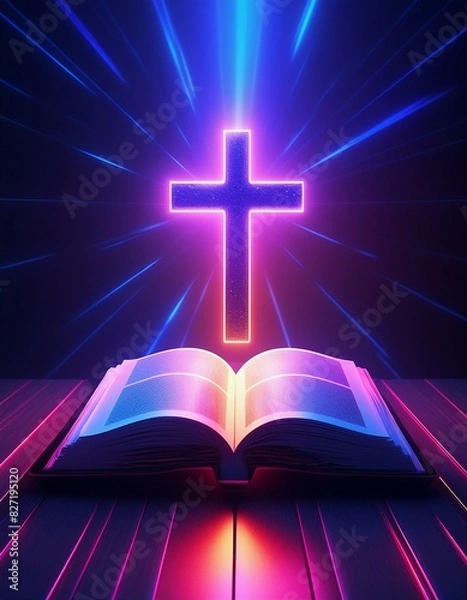Fototapeta Christian Cross with Bible - Symbol of Christianity - Enlightening by Reading the Bible - Book of Christians - Cross symbol - Crucifixion of Jesus Christ - Holy Rays - Blessing from Above