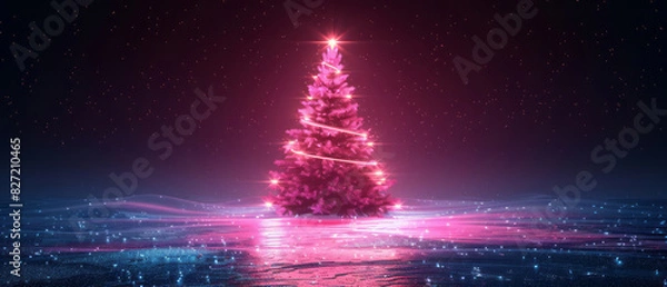 Fototapeta A pink neon Christmas tree glowing with bright light on a dark blue background in a vector illustration.