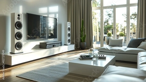 Fototapeta A 3D model of a modern home theater system, with its sleek speakers and advanced controls, set against a clean, minimalistic background for emphasis.