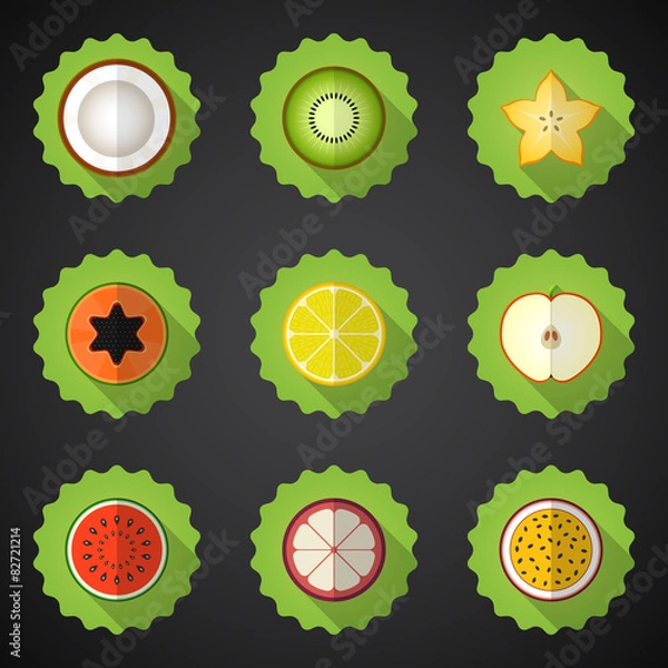 Obraz Fruit Flat Vector Icon Set. Include apple,  lemon, papaya, star