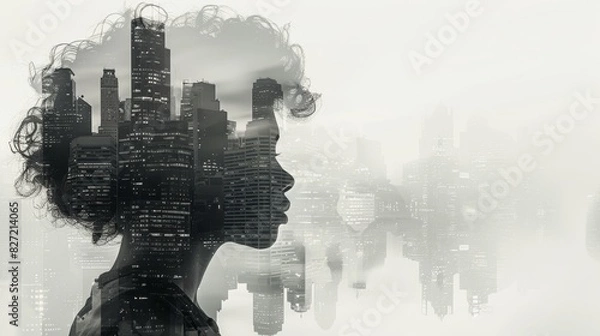 Fototapeta Future-Focused Engineer: Double Exposure of Silhouette Blending with Urban Architecture