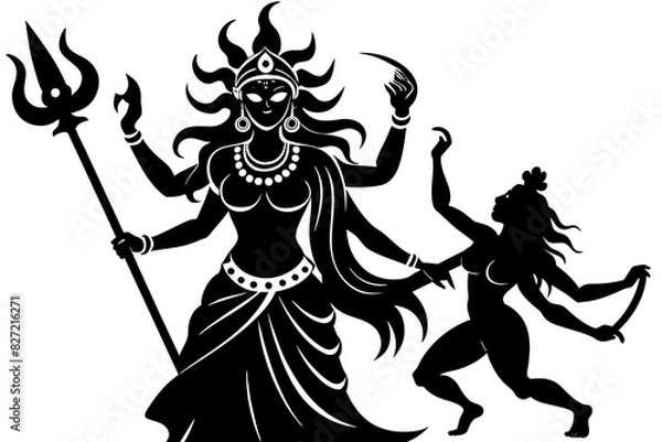 Fototapeta Durga and the demon vector silhouette illustration